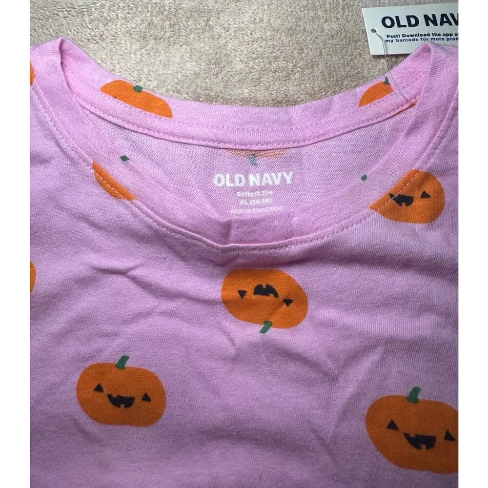 Long Sleeve T-Shirt Girls Kids XL (14-16) Pink with Pumpkin Face NWT Halloween